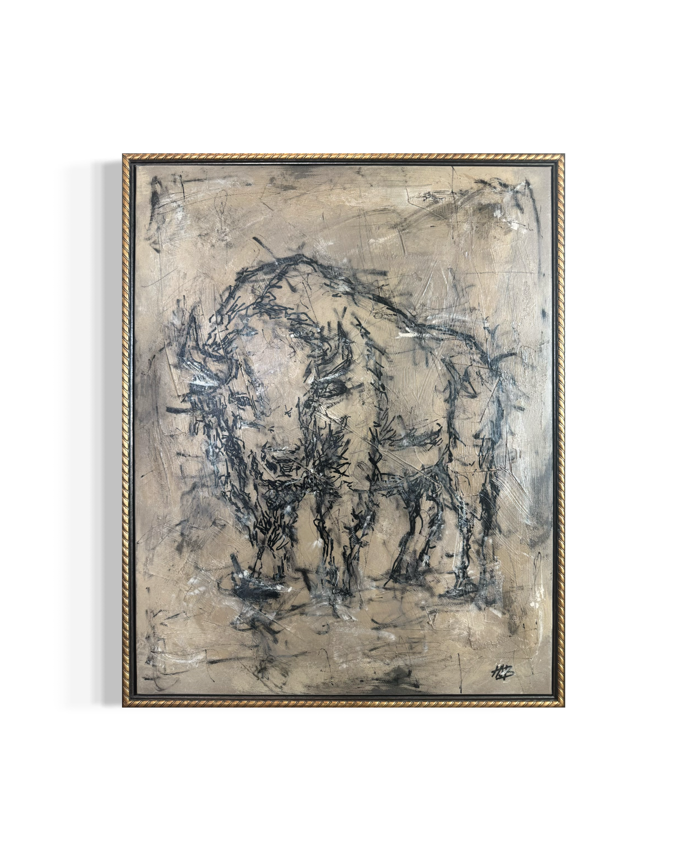 Abstract black and white painting of a horse, signed at the bottom right corner, with a decorative gold-colored frame.