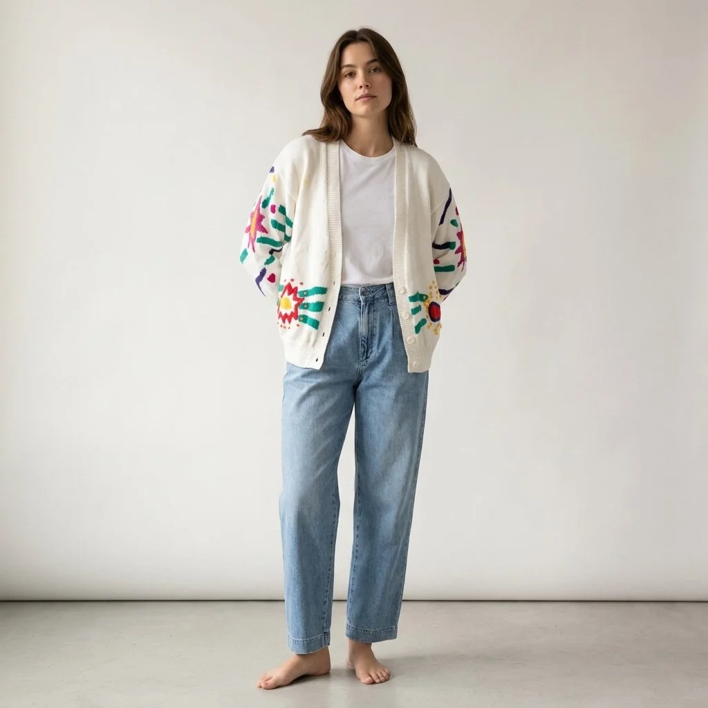 A woman standing barefoot against a plain white wall, wearing a colorful patterned cardigan over a white T-shirt and light blue jeans.