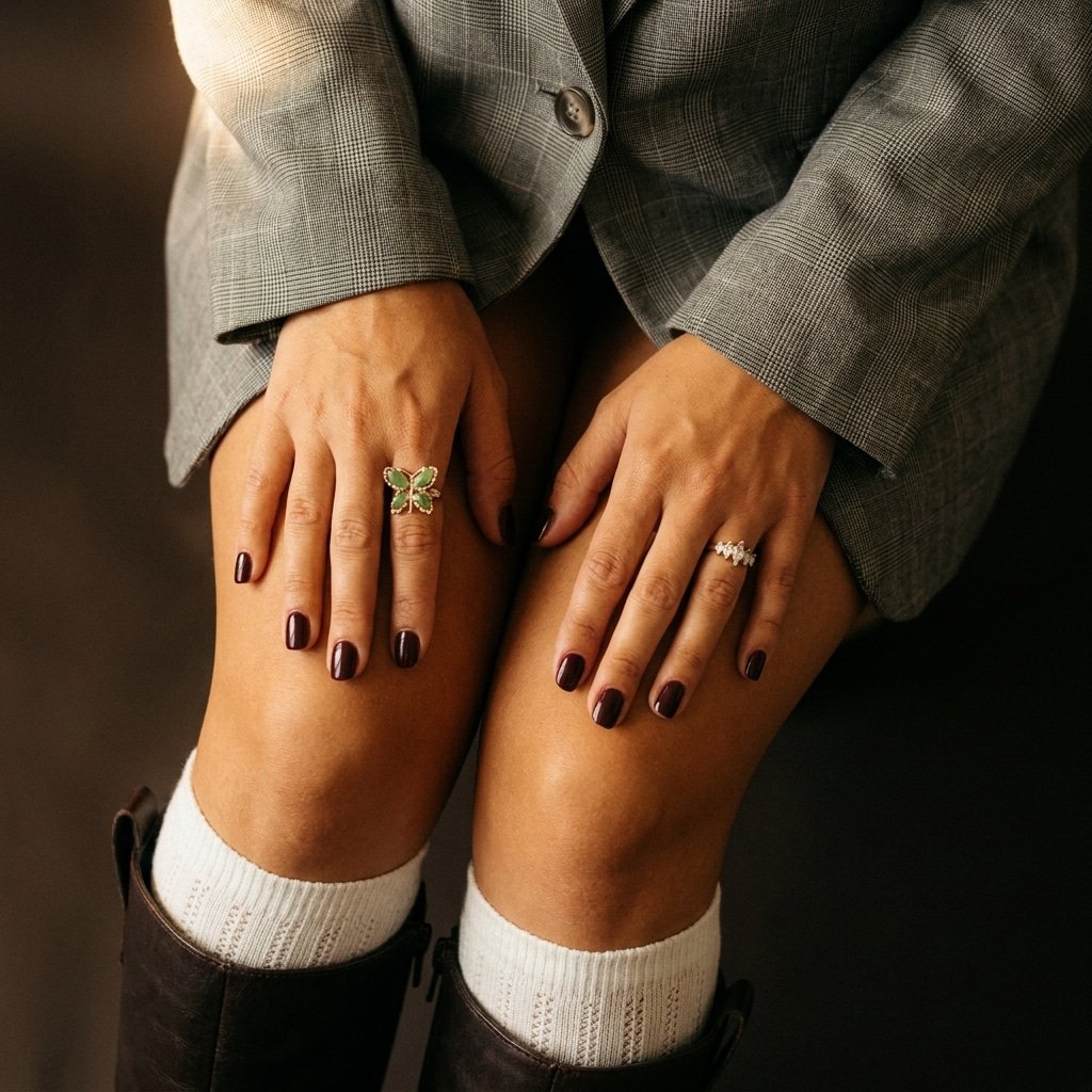 Close-up of a person wearing a gray checkered blazer, sitting with hands on thighs, showing two rings on fingers and painted nails. The person has dark nail polish, and is wearing white socks and black boots.