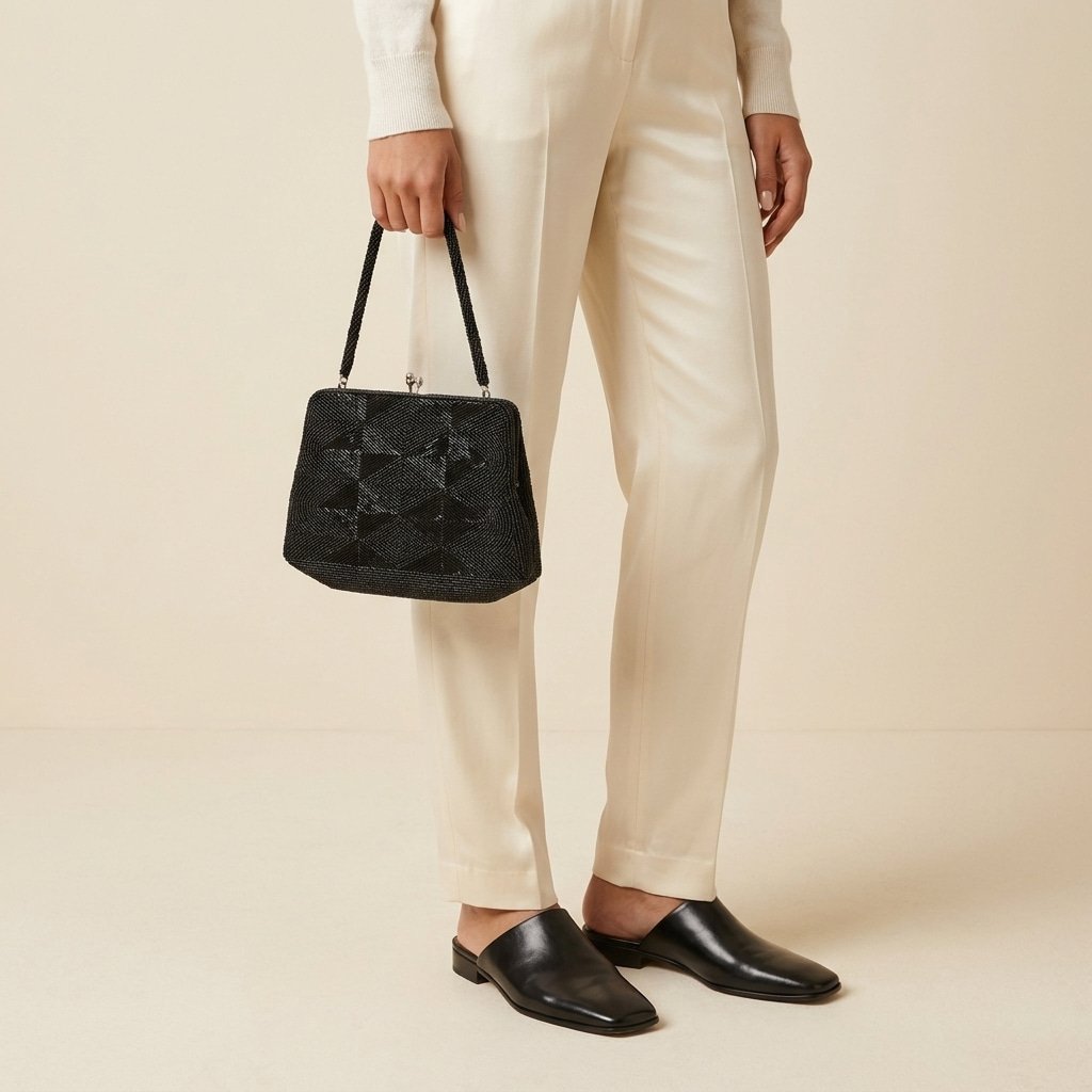 Person wearing cream-colored pants and black shoes, holding a black handbag with a textured pattern.