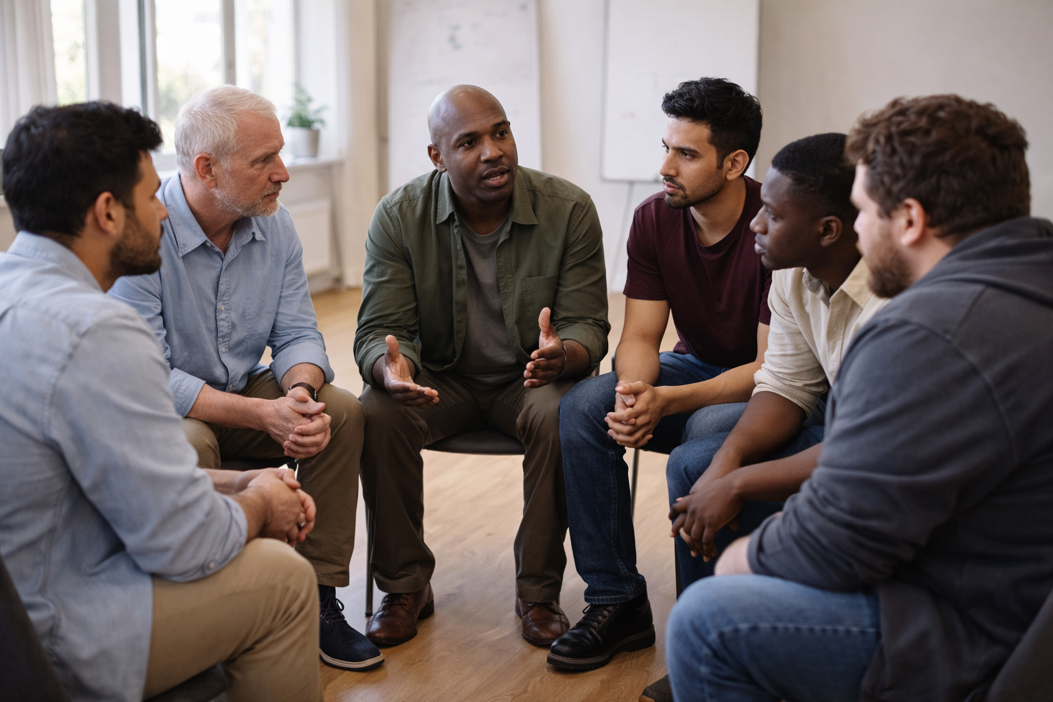 Picture of group therapy with six men sitting in a circle