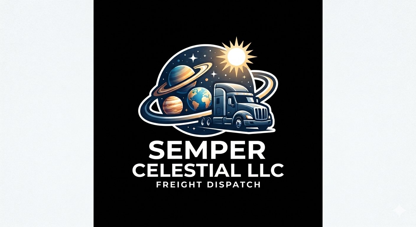 Logo for Semper Celestial LLC featuring a space-themed illustration with planets, stars, a truck, and the sun.
