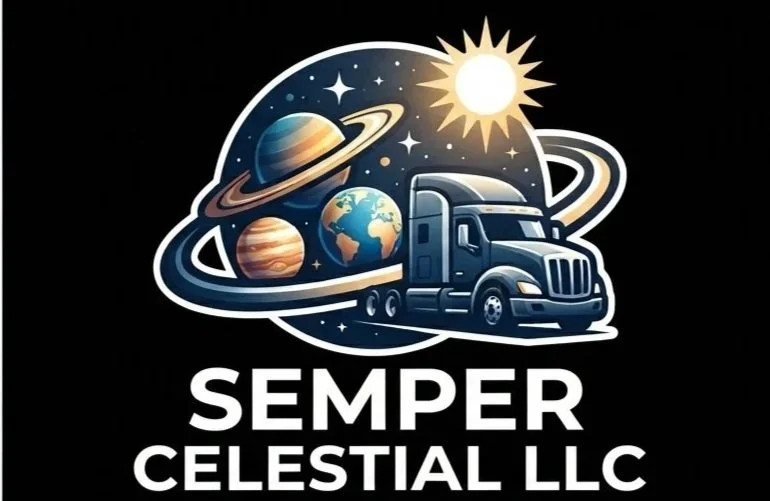 Logo of Semper Celestial LLC featuring a tractor-trailer with planets, stars, and the sun around it.