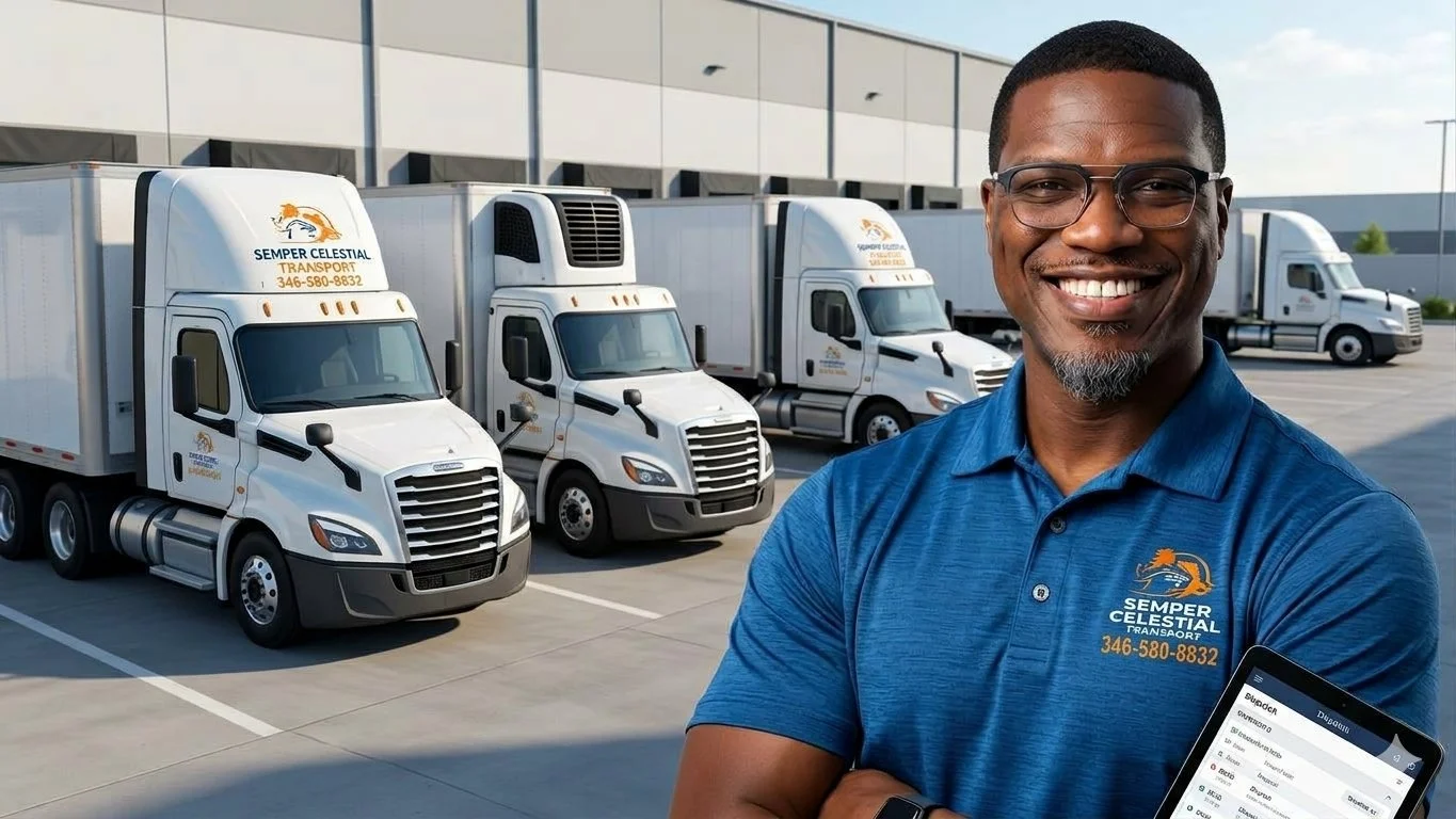 A smiling man in a blue polo shirt with Semper Celestial Transportation logo stands in front of a parking lot with several white semi-trucks.