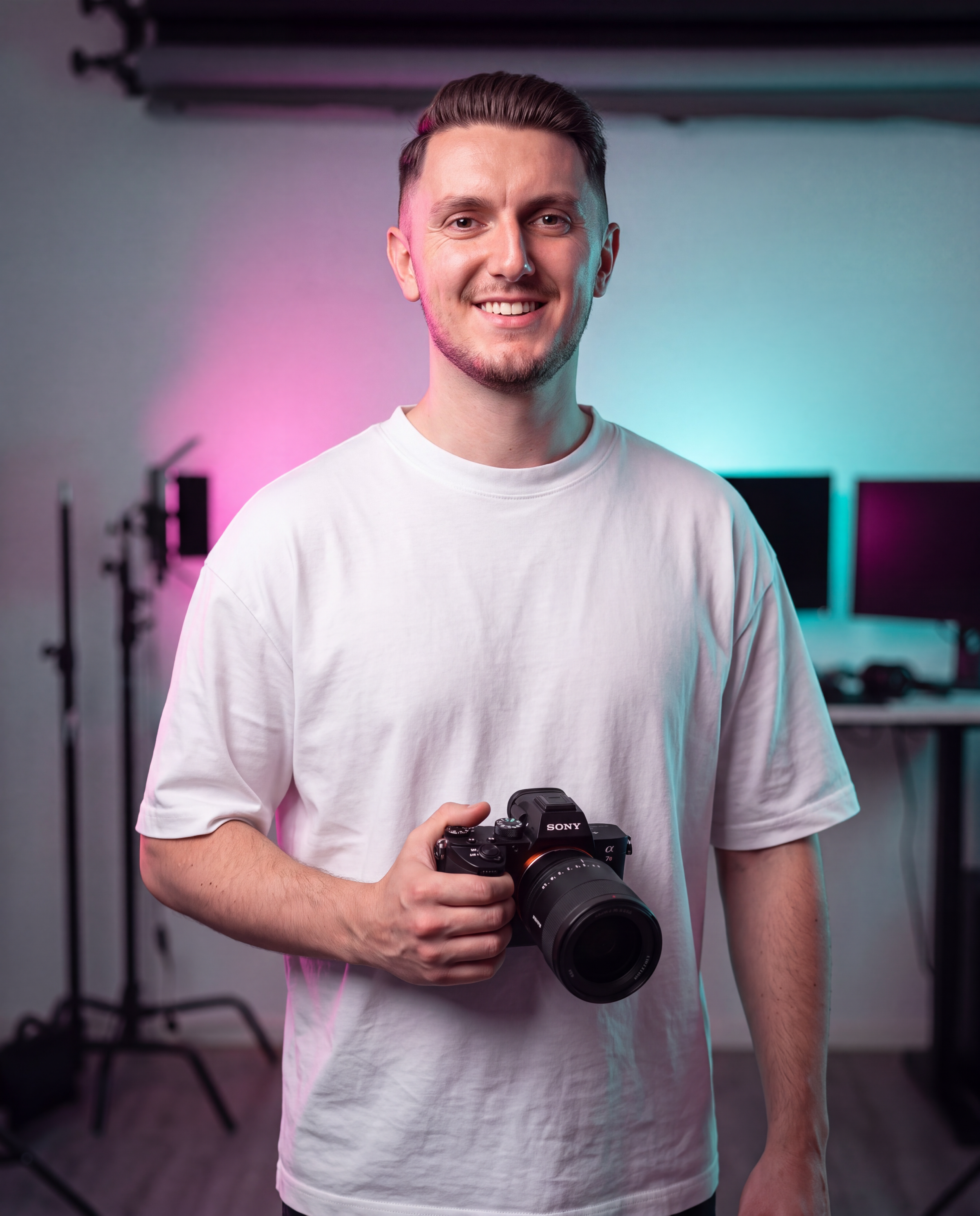 Ein junger Mann mit kurzbraunem Haar hält eine Sony Kamera in der Hand, lächelt und blickt in die Kamera. Im Hintergrund sind Studioleuchten und Fotografie-Equipment sichtbar.