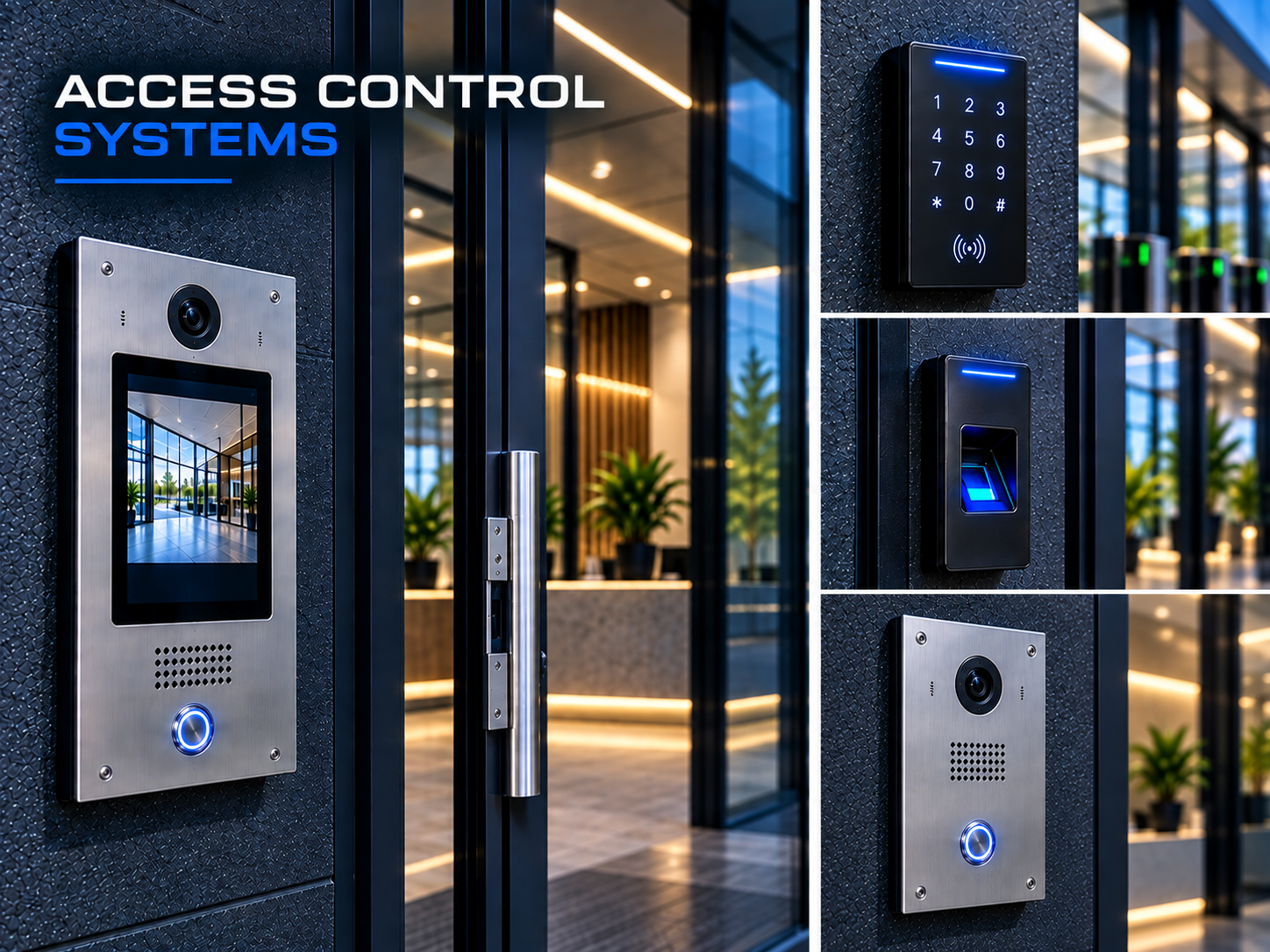 Access control systems collage featuring a video intercom, keypad, fingerprint scanner, and electronic door lock at a modern building entrance