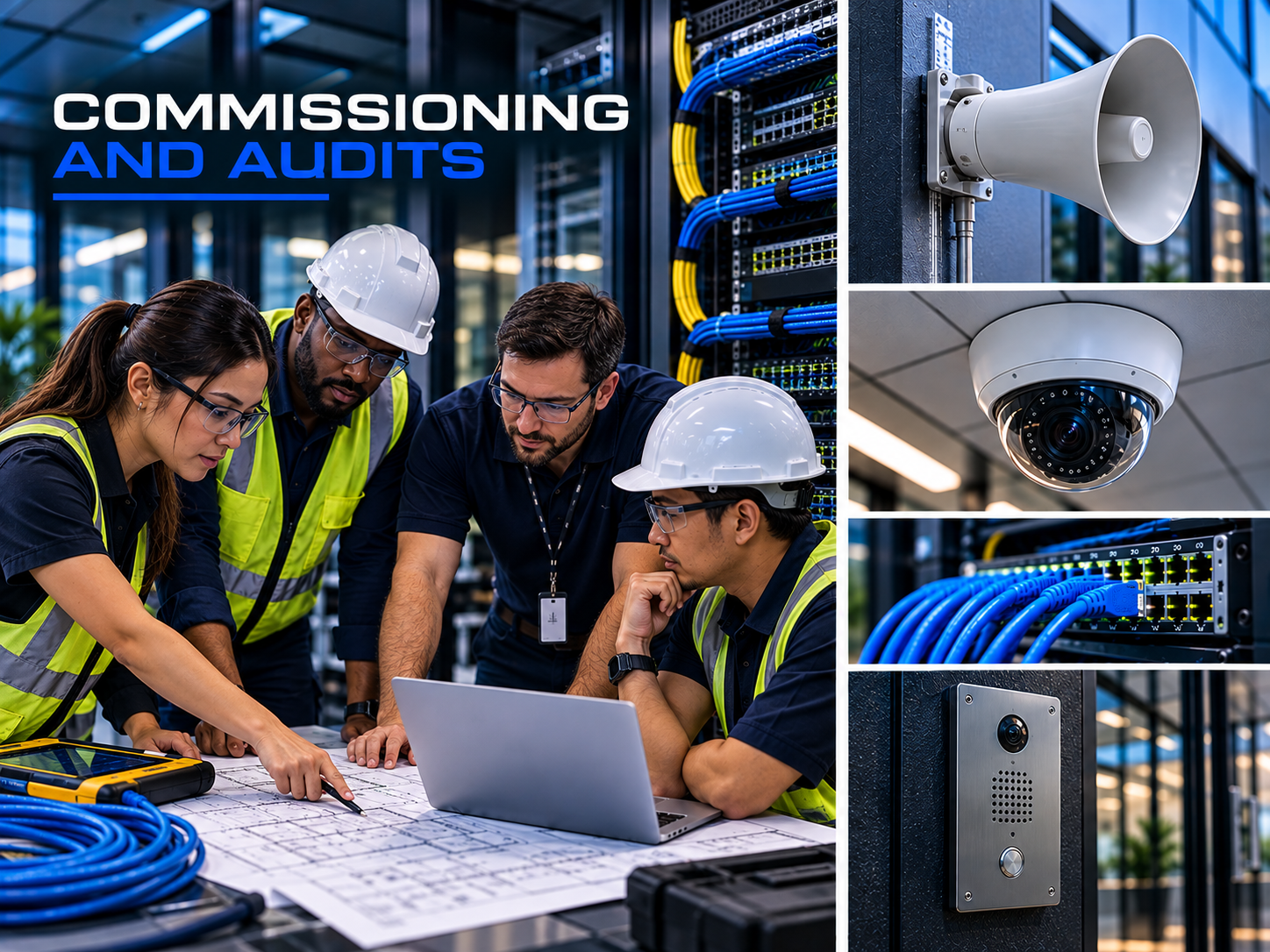 Technicians commissioning and auditing a security and networking system with server racks, blue cables, cameras, speaker, intercom, laptop, and technical plans