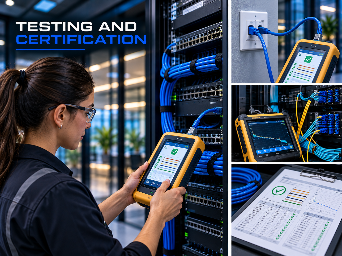 Technician testing and certifying blue network cables in a server rack with a handheld cable tester