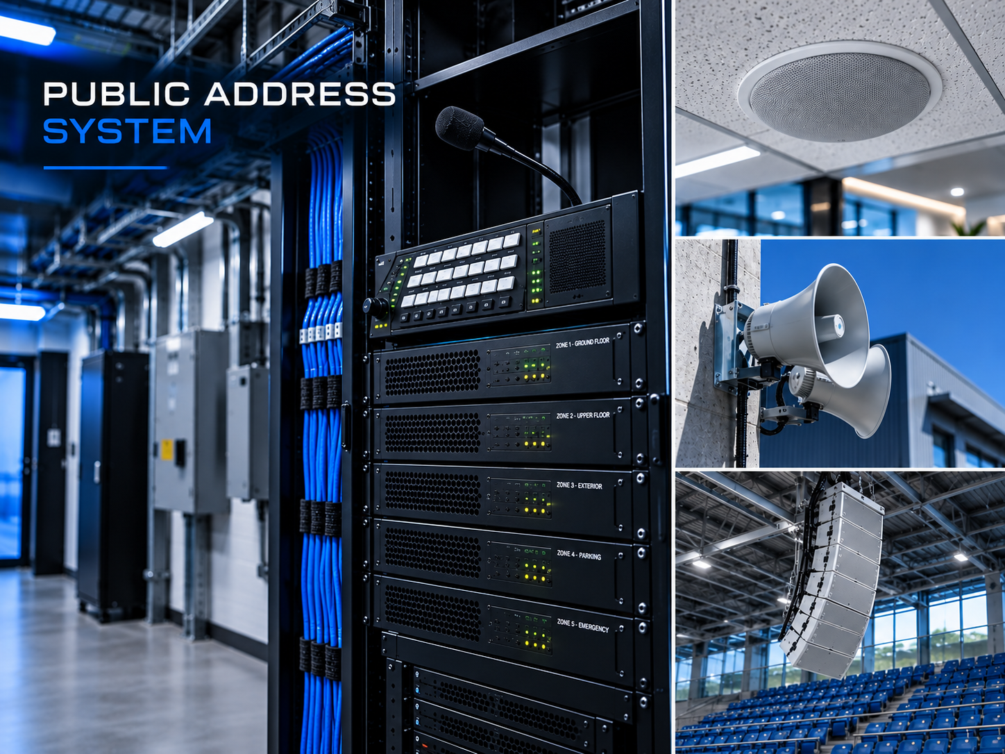 Public address system rack with microphone, zone amplifiers, ceiling speaker, outdoor horns, and stadium line-array speakers