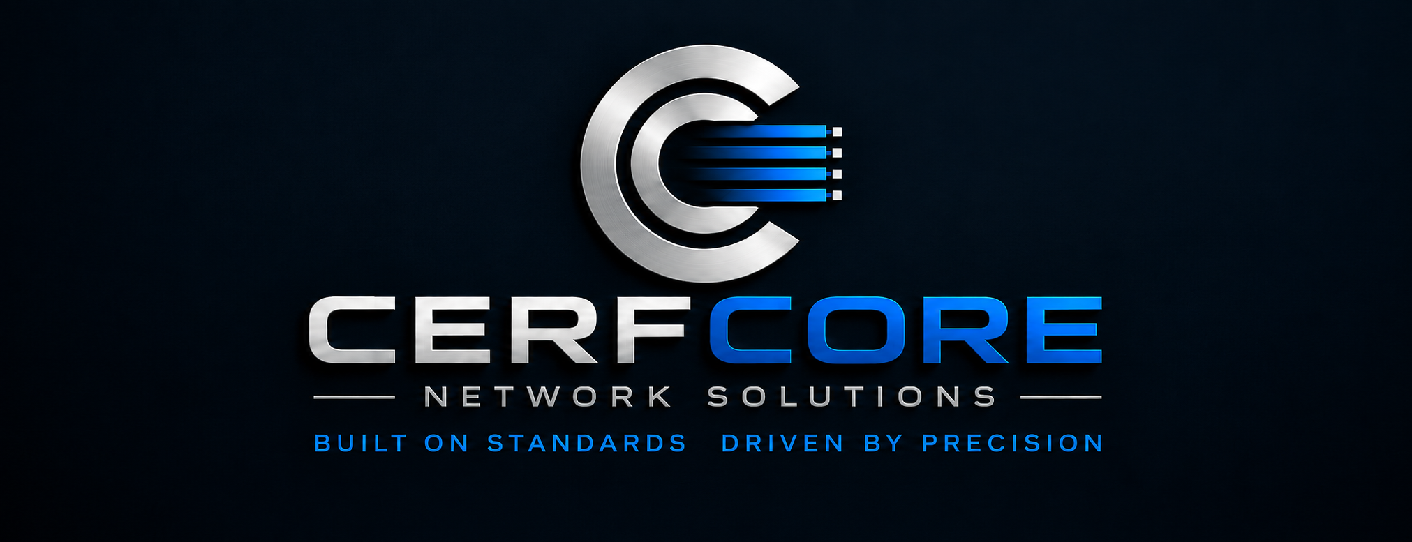 Cerfcore Network Solutions logo with blue and silver network icon and the tagline “Built on Standards, Driven by Precision.”