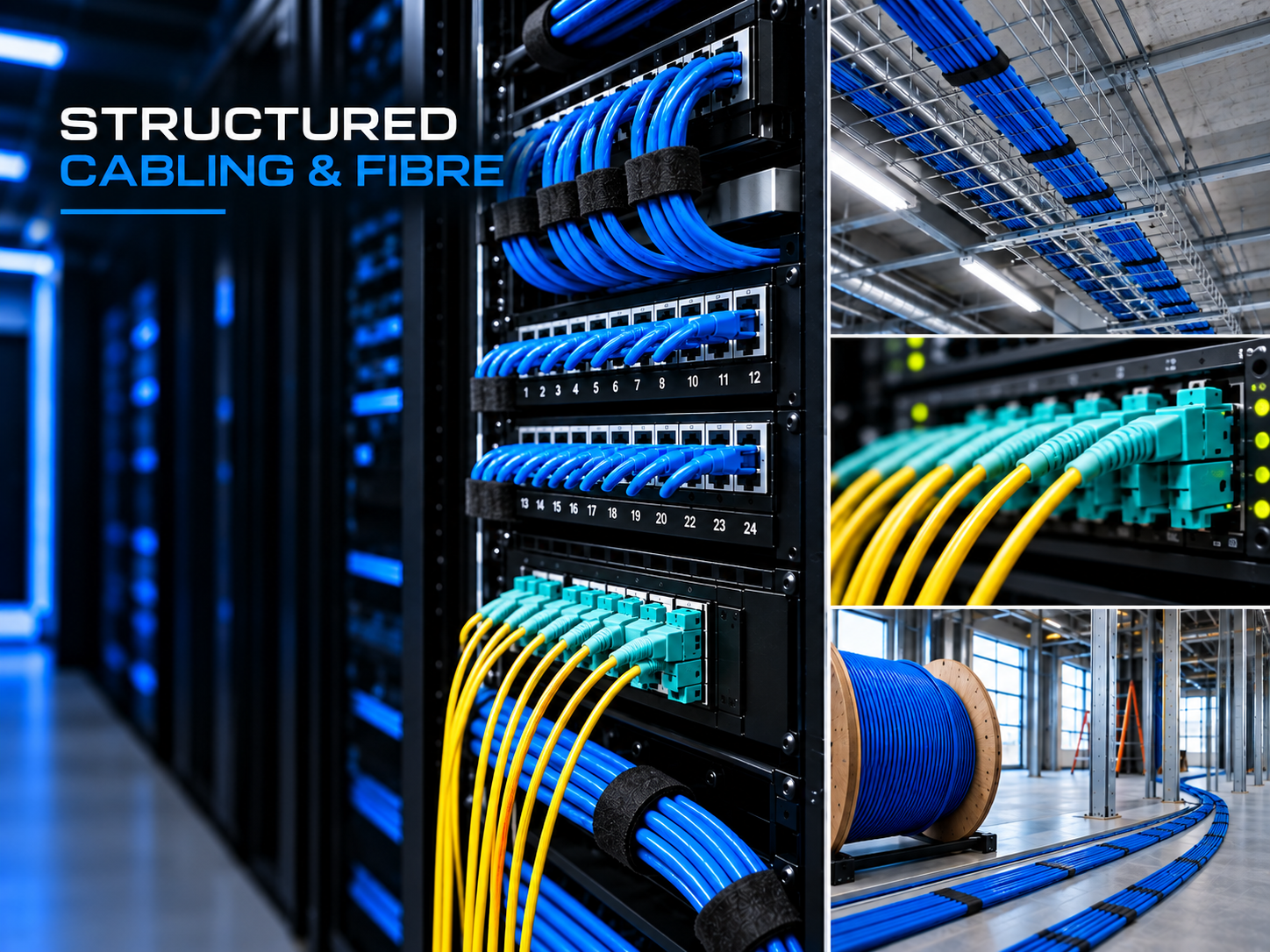 Structured cabling and fiber optic installation in a data center, featuring blue Ethernet cables, yellow fiber cables, patch panels, server racks, overhead cable trays, and a cable spool.