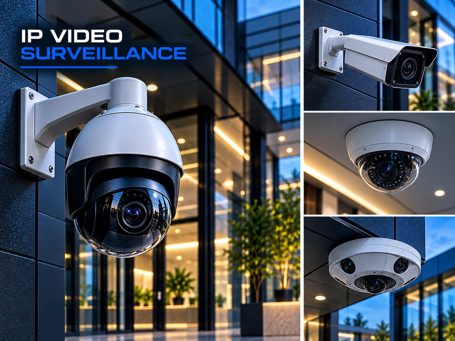 IP video surveillance camera collage featuring dome, bullet, and multi-lens security cameras mounted on a modern commercial building