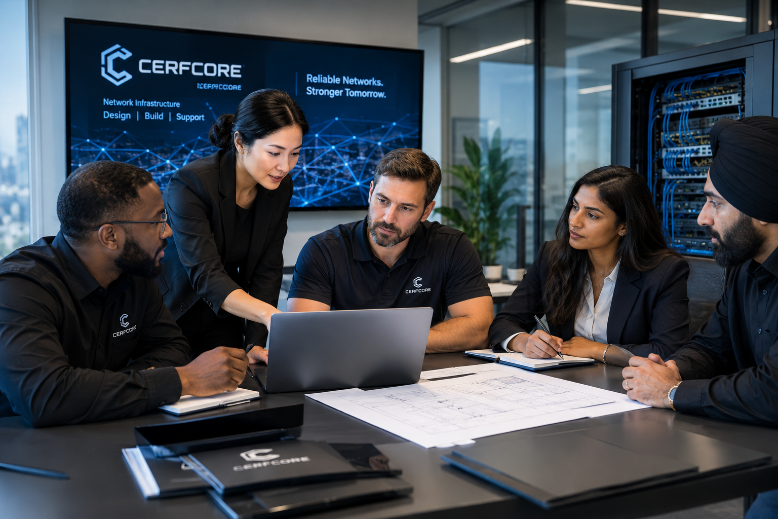 Diverse network infrastructure team collaborating around a laptop and blueprints in a modern office beside a server rack