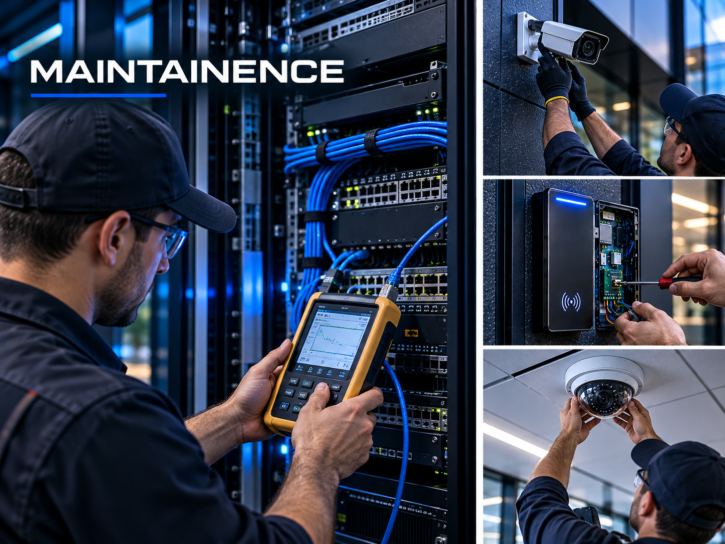 Network technician testing data center servers with a cable analyzer, alongside security camera, access control, and dome camera maintenance