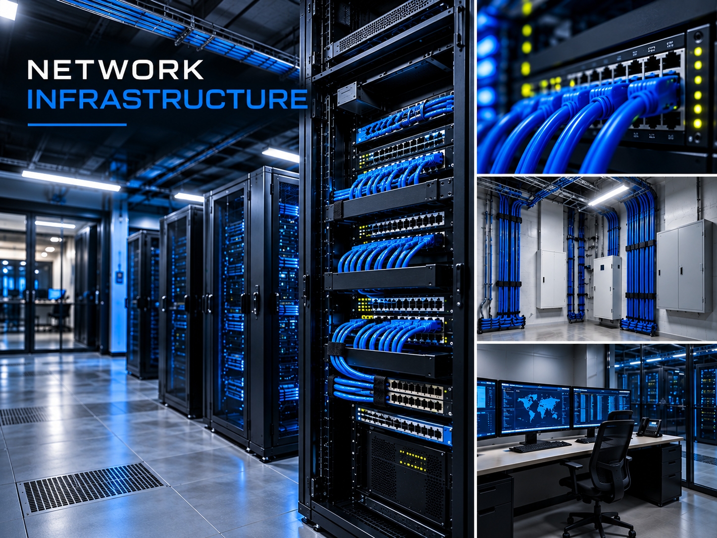 Network infrastructure collage showing data center server racks, blue Ethernet cables, network switches, cable management, and monitoring workstation