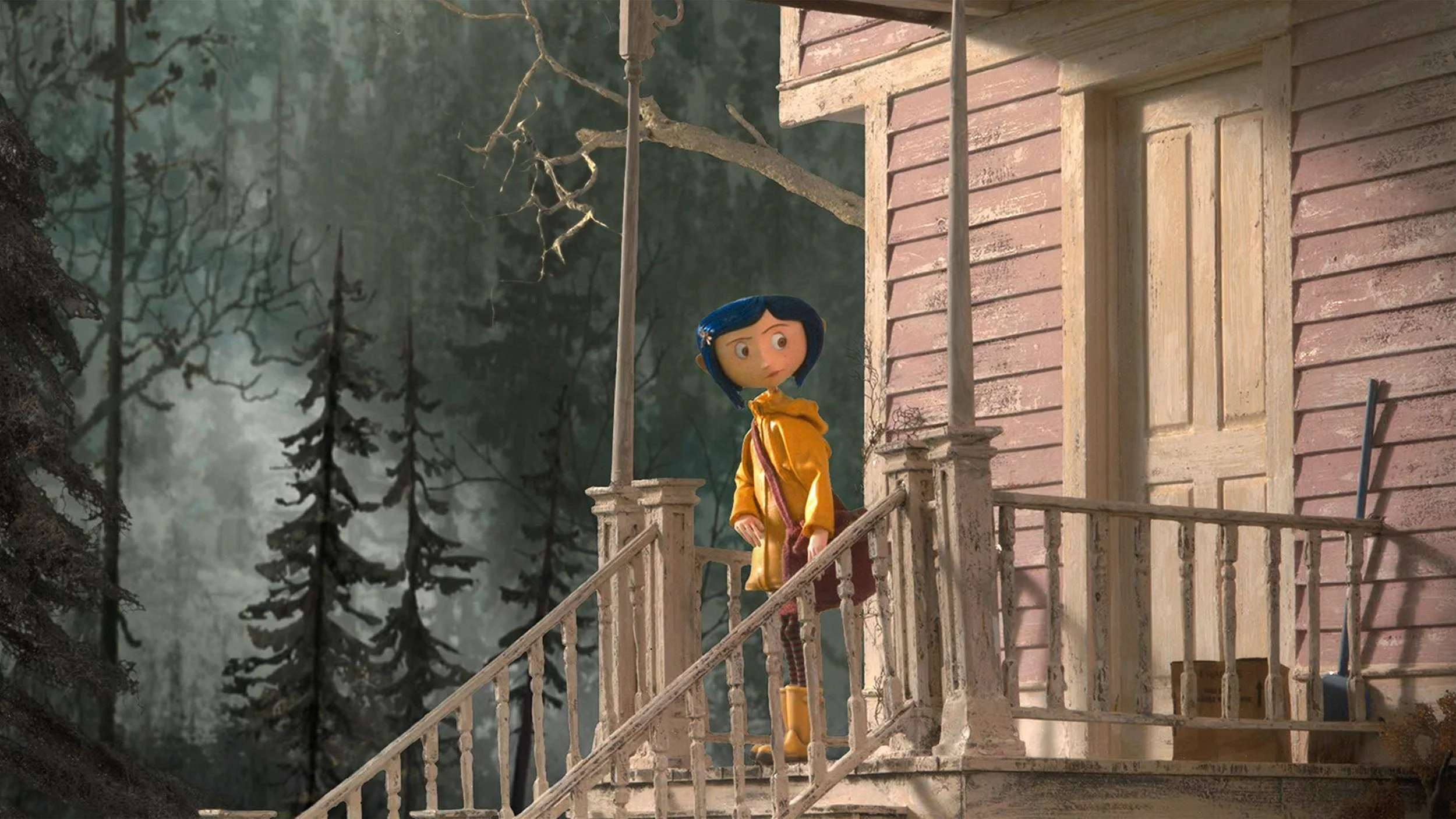 A young girl with blue hair and a yellow raincoat standing on the porch of a pink wooden house in a foggy forested area.