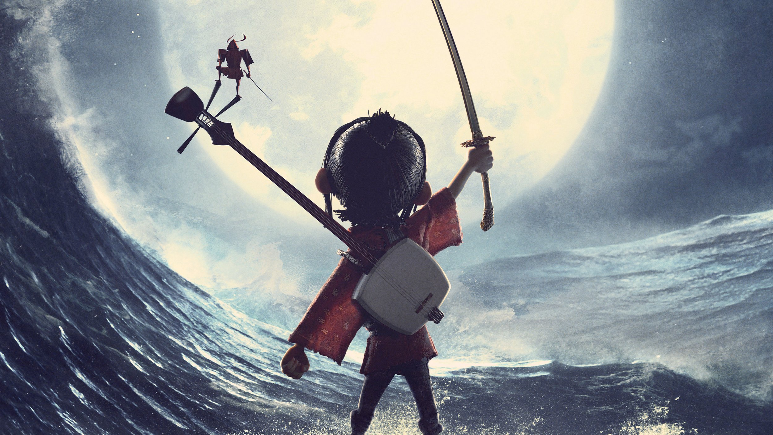 A cartoon character, a young girl, standing on water with a wave rushing toward her, holding a guitar and a sword, looking toward a distant samurai figure on a wave.
