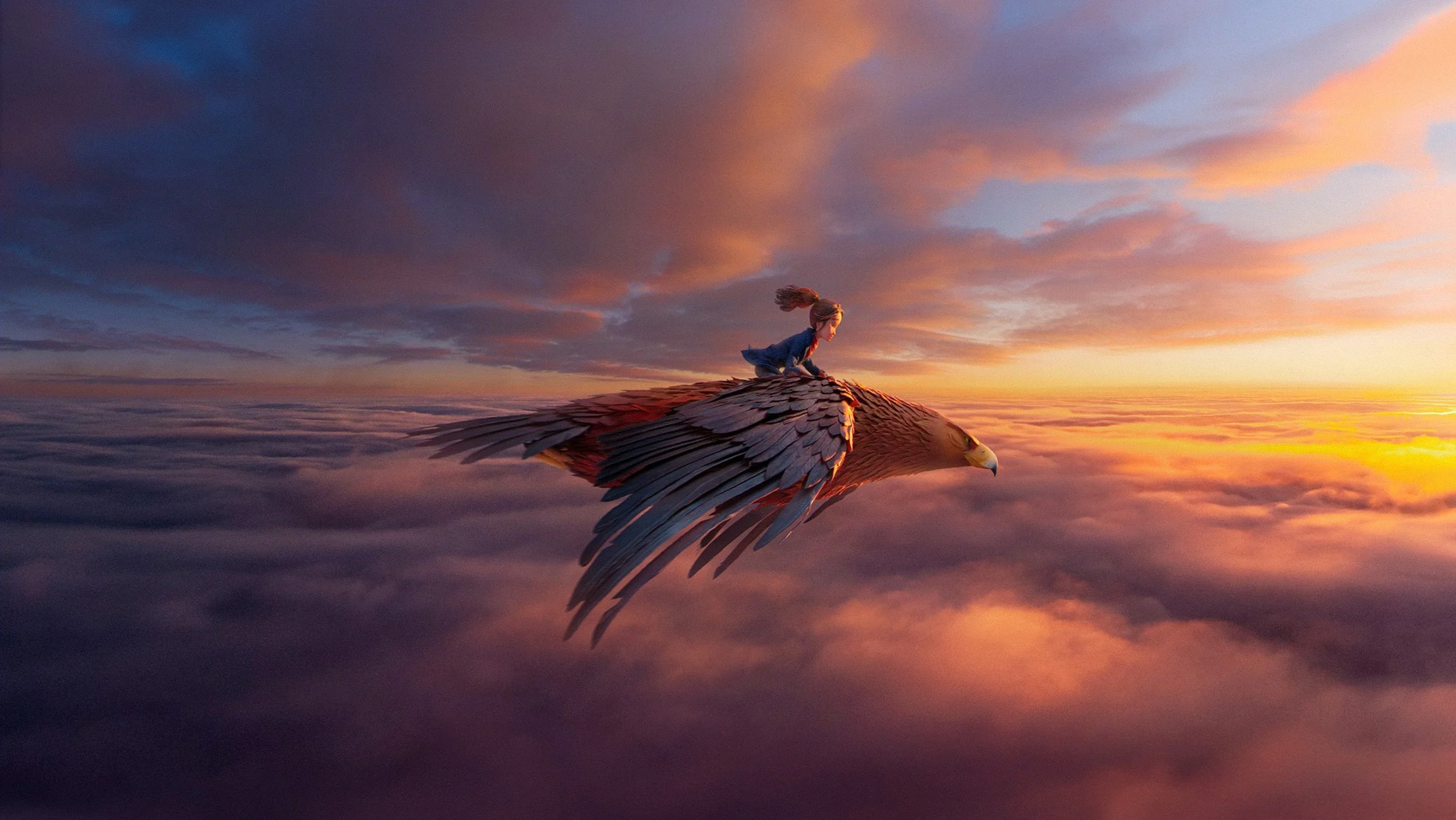 A young girl riding on the back of a large bird flying through colorful clouds during sunset.