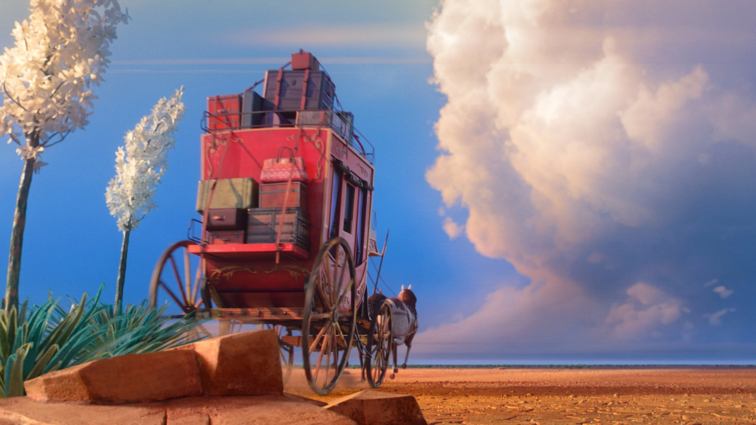 A colorful vintage-style horse-drawn carriage with luggage on top, traveling along a flat terrain during sunset, with blue sky and fluffy clouds in the background. White fiber-optic trees line the foreground.