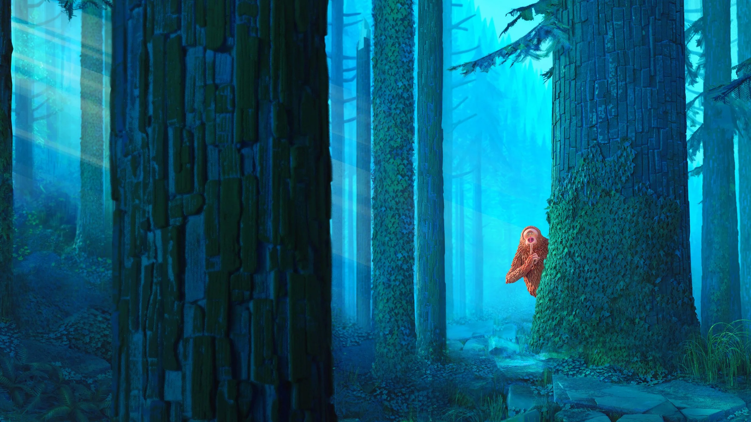 A forest scene with tall trees, blue lighting, and a cartoon-style bear hiding behind a tree on the right side of the image.