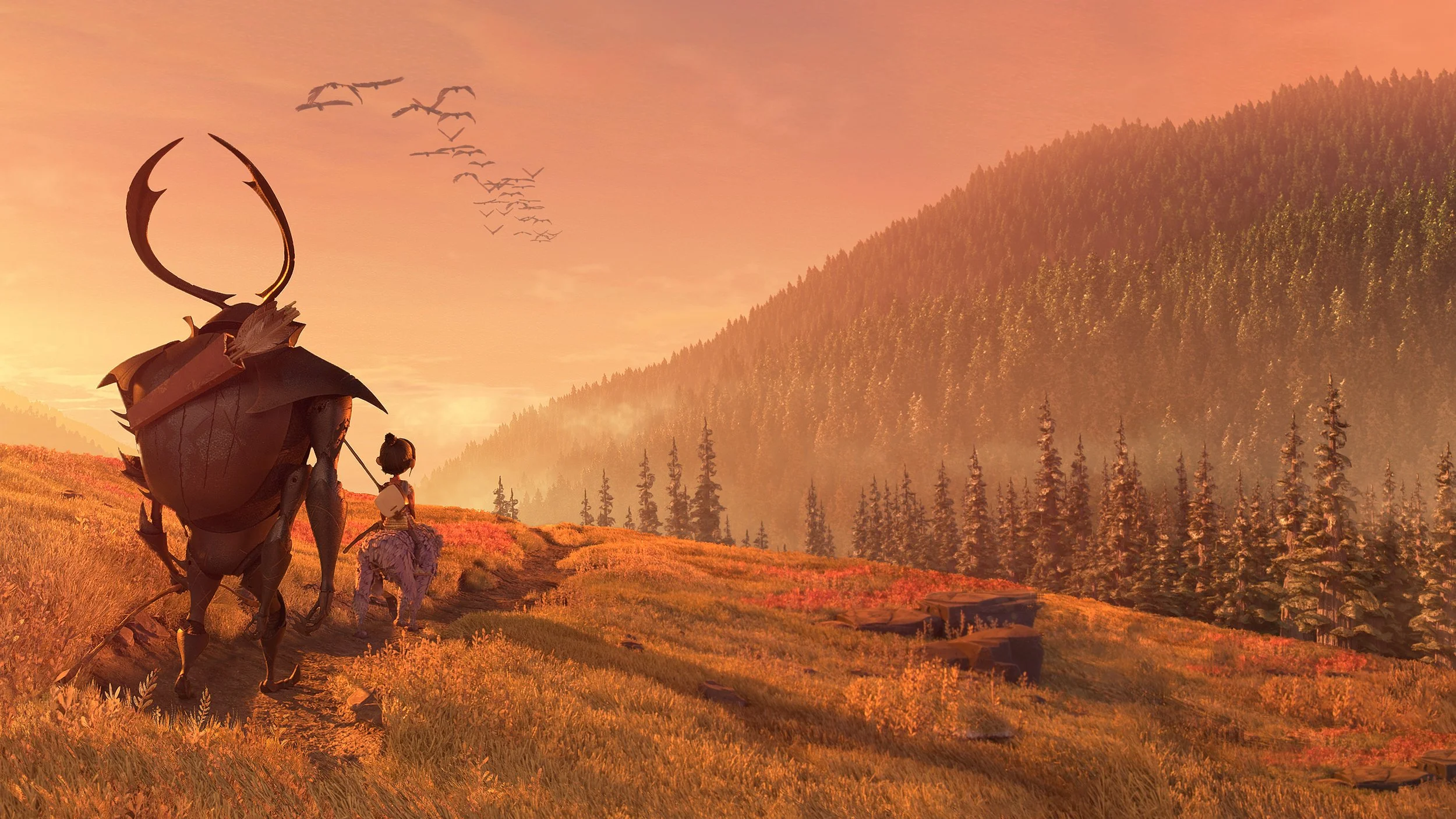 Two characters, a humanoid with antlers and a smaller creature, walking along a trail in a landscape with orange and pink sunset sky, forested hills, and a flock of birds flying overhead.