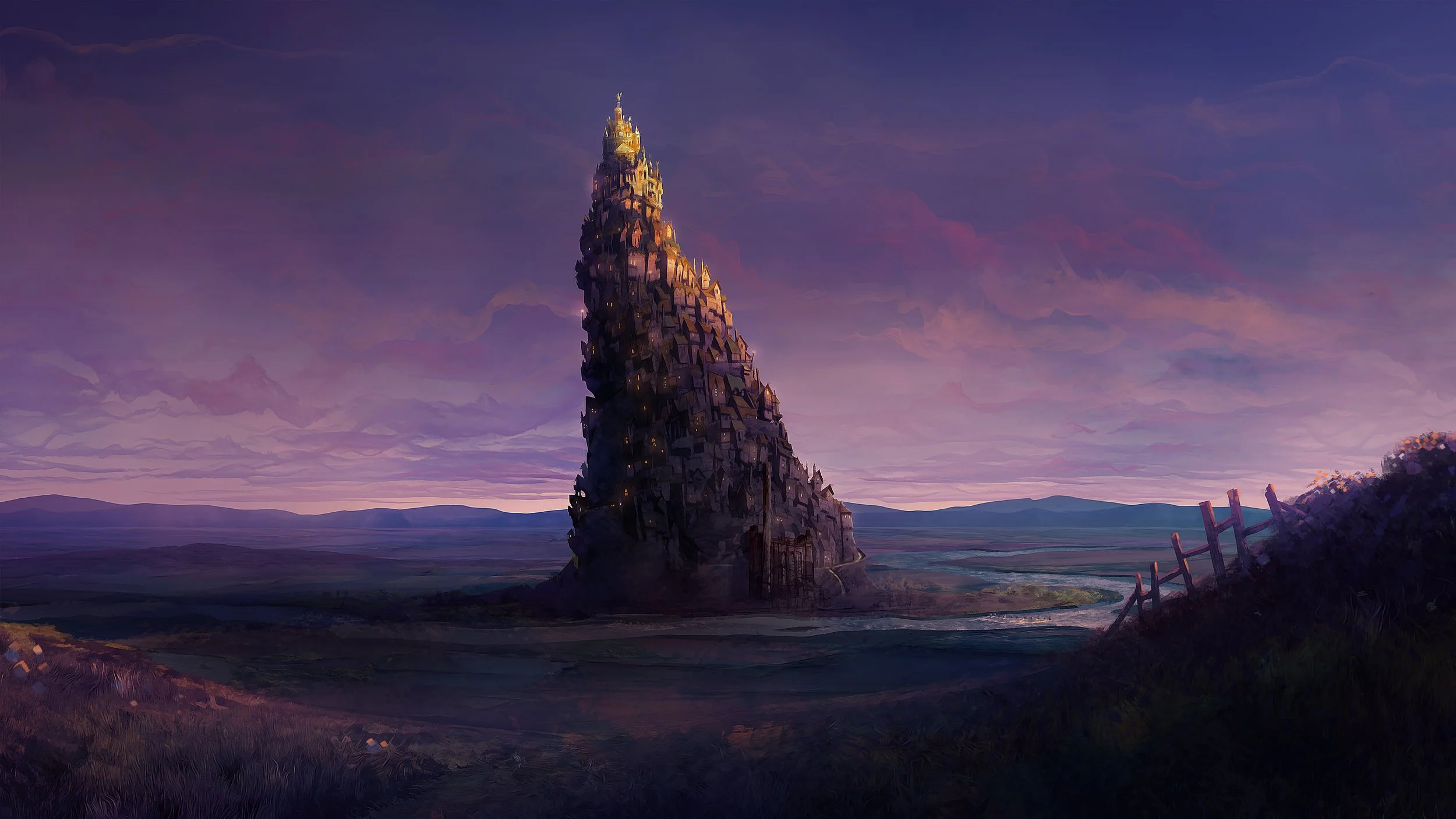 A fantasy-style painting of a tall, medieval tower on a landscape with mountains and fields under a purple and pink sky.