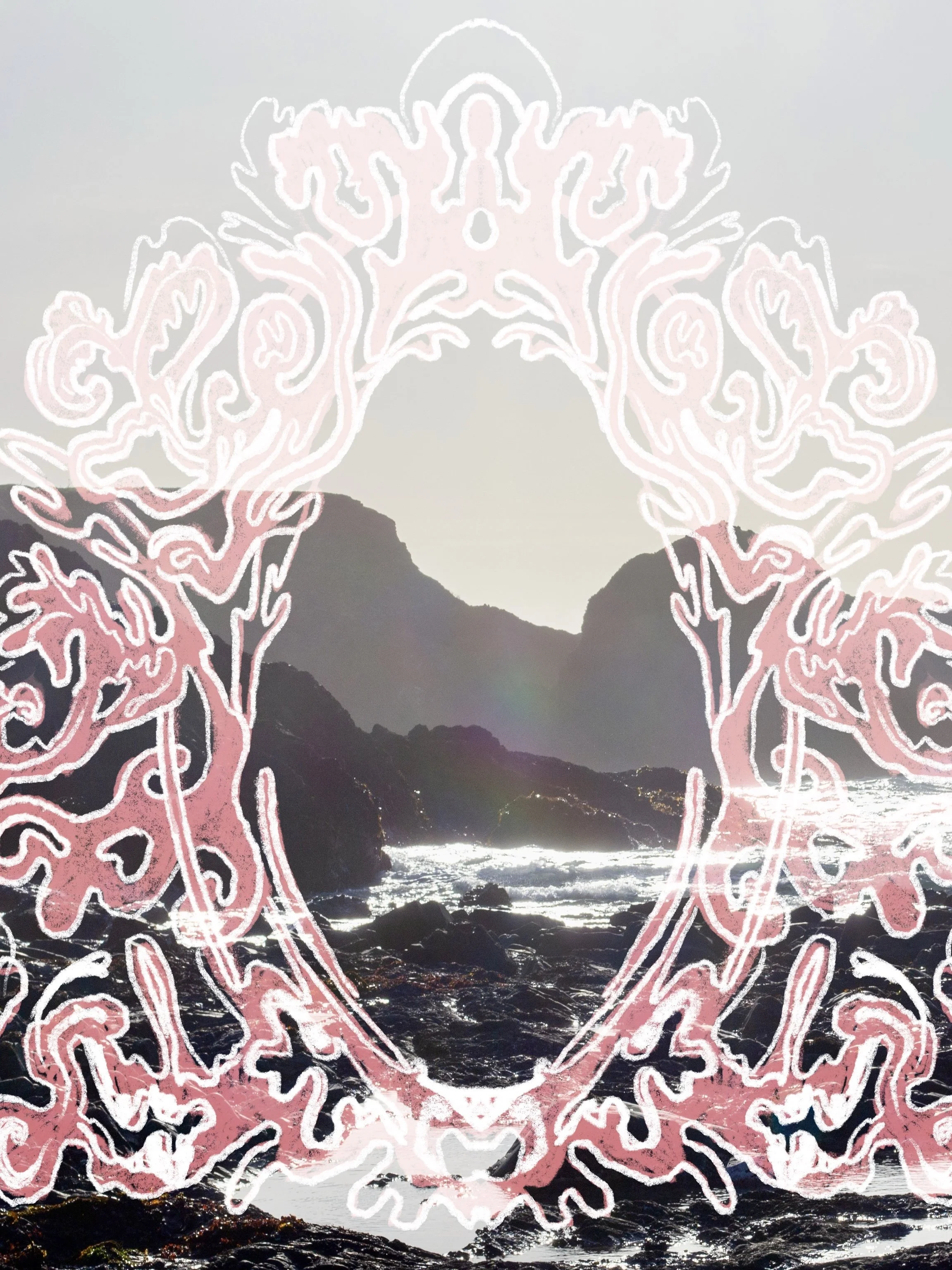 A landscape scene of a rocky shoreline with a mountain in the background, ocean waves, and the sun reflecting on the water. An abstract pink-and-white outline of a doorway overlays the scene.