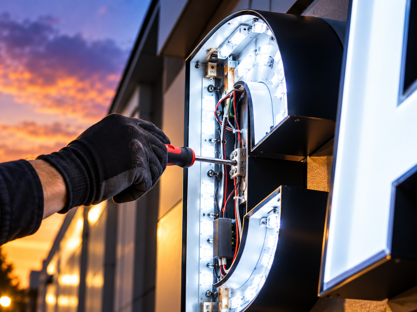 Illuminated Sign Letter Repair at Sunset.png