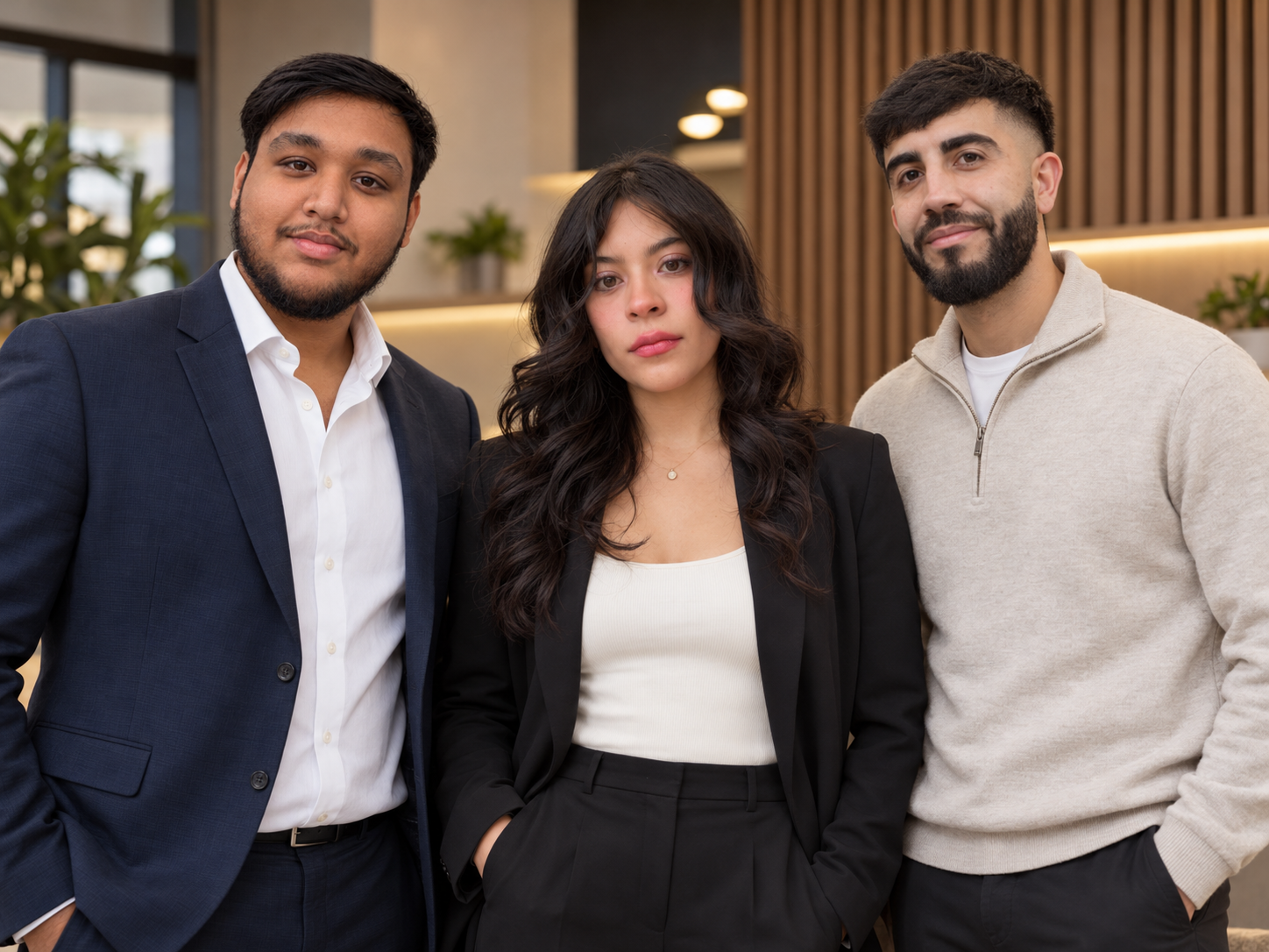Three young adults standing together indoors, looking at the camera. The woman in the middle has dark, wavy hair and is dressed in a black blazer and white top. The men on either side have beards and are dressed in casual and business attire.
