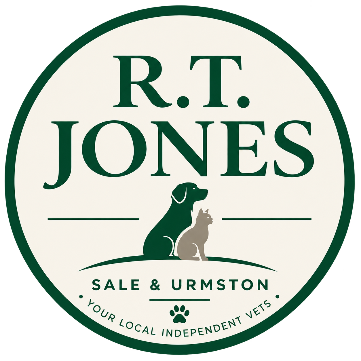 Circular logo featuring the text 'R.T. Jones' at the top, an illustration of a dog and a cat sitting on a hill at the center, and the words 'Sale & Urmston' below them. Additional text reads 'Your Local Independent Vets' with a paw print symbol in the middle.