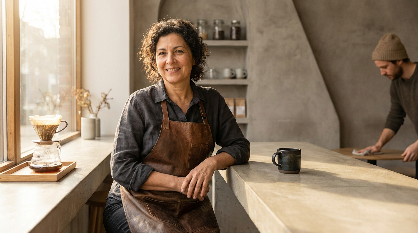 A woman in a gray shirt and brown apron smiling and sitting at a concrete counter in a cozy coffee shop. In the background, a man wearing a beanie is preparing coffee.