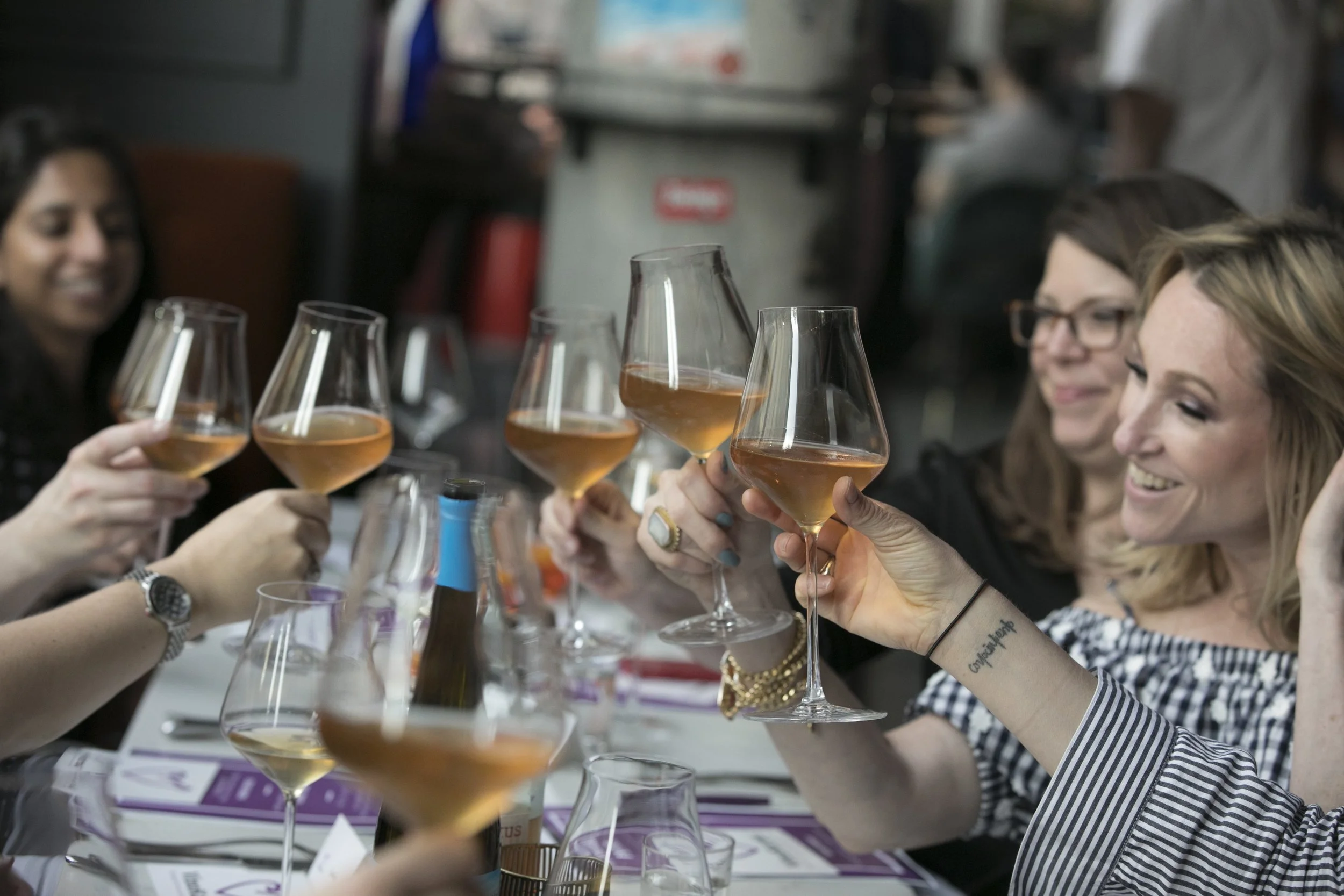 Group of women raising glasses in a toast at a social gathering or wine tasting event.