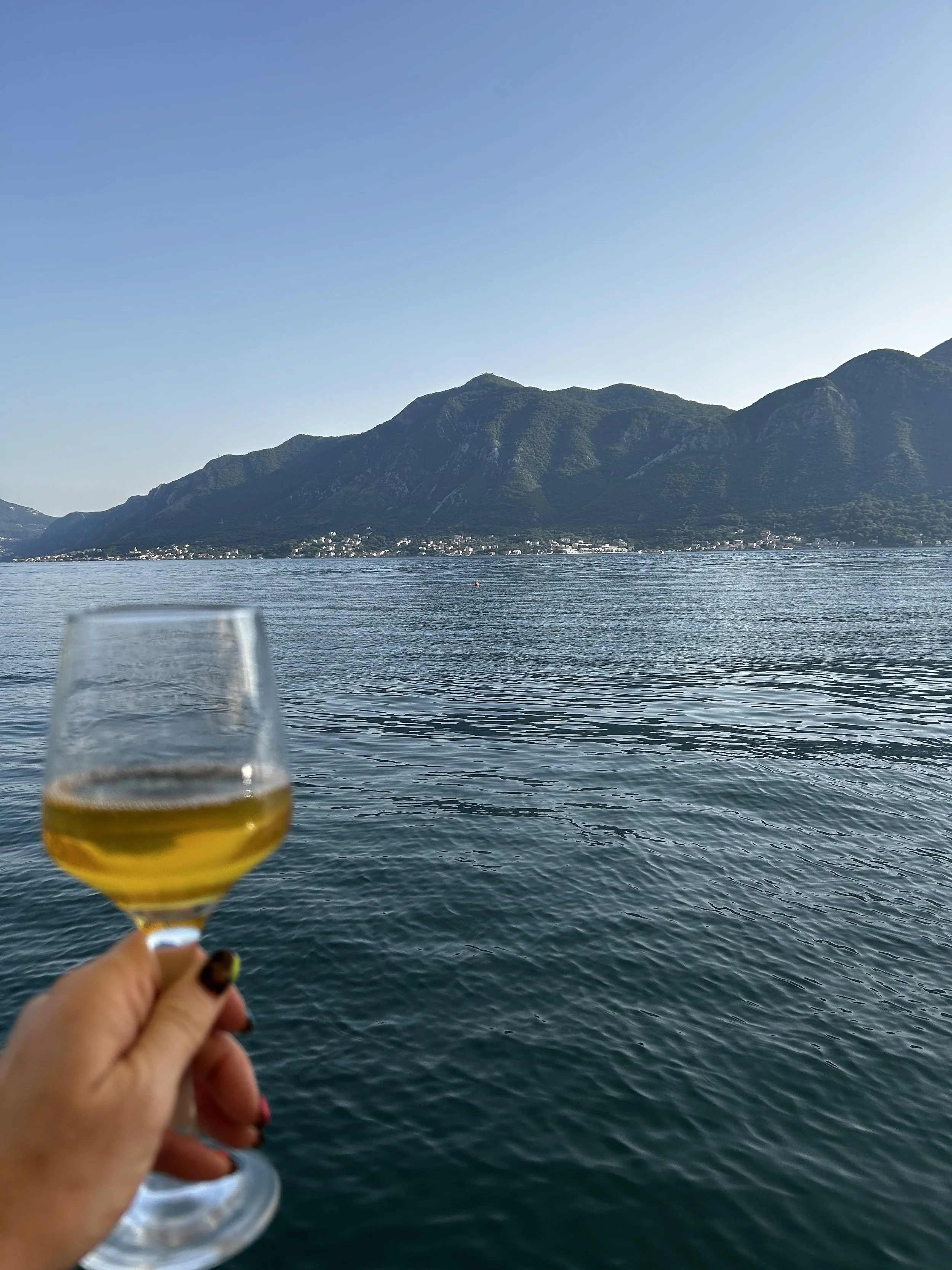 A hand holding a glass of wine over a body of water in Montenegro, with mountains in the background under a clear blue sky.