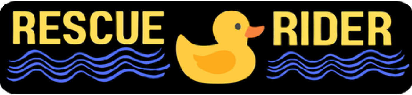 Rescue rubber duck with blue waves and the words 'Rescue Rider'