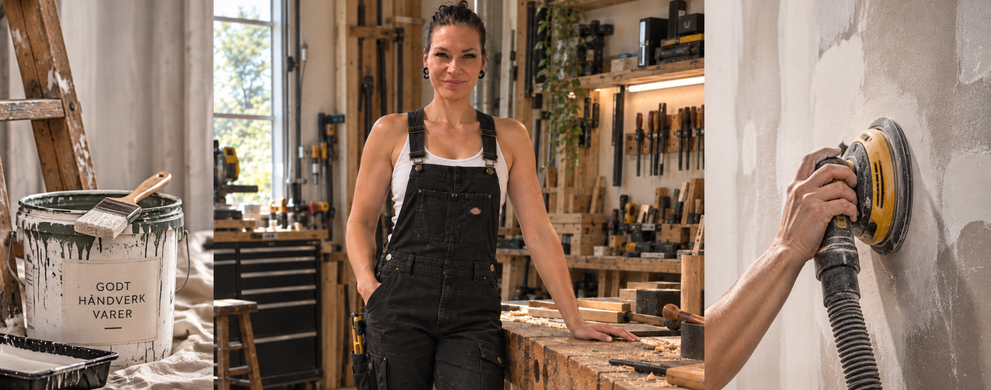 A woman in black overalls smiling inside a woodworking workshop. She is standing at a workbench with tools and wood shavings. A paint can with a brush and a sign that reads 'Godt Håndverk Varer' is visible on the left, and on the right, a hand is sanding a wall with a power sander.