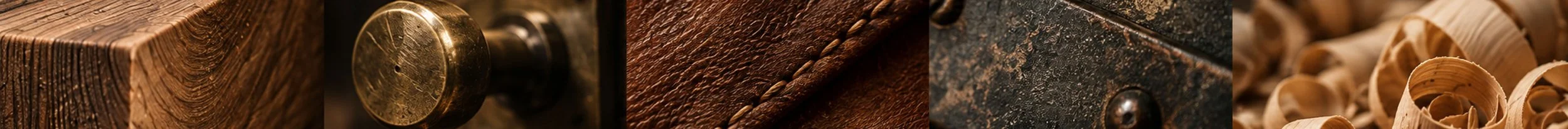 Close-up of different types of wood pieces, a doorknob, leather, metal, and wood shavings.