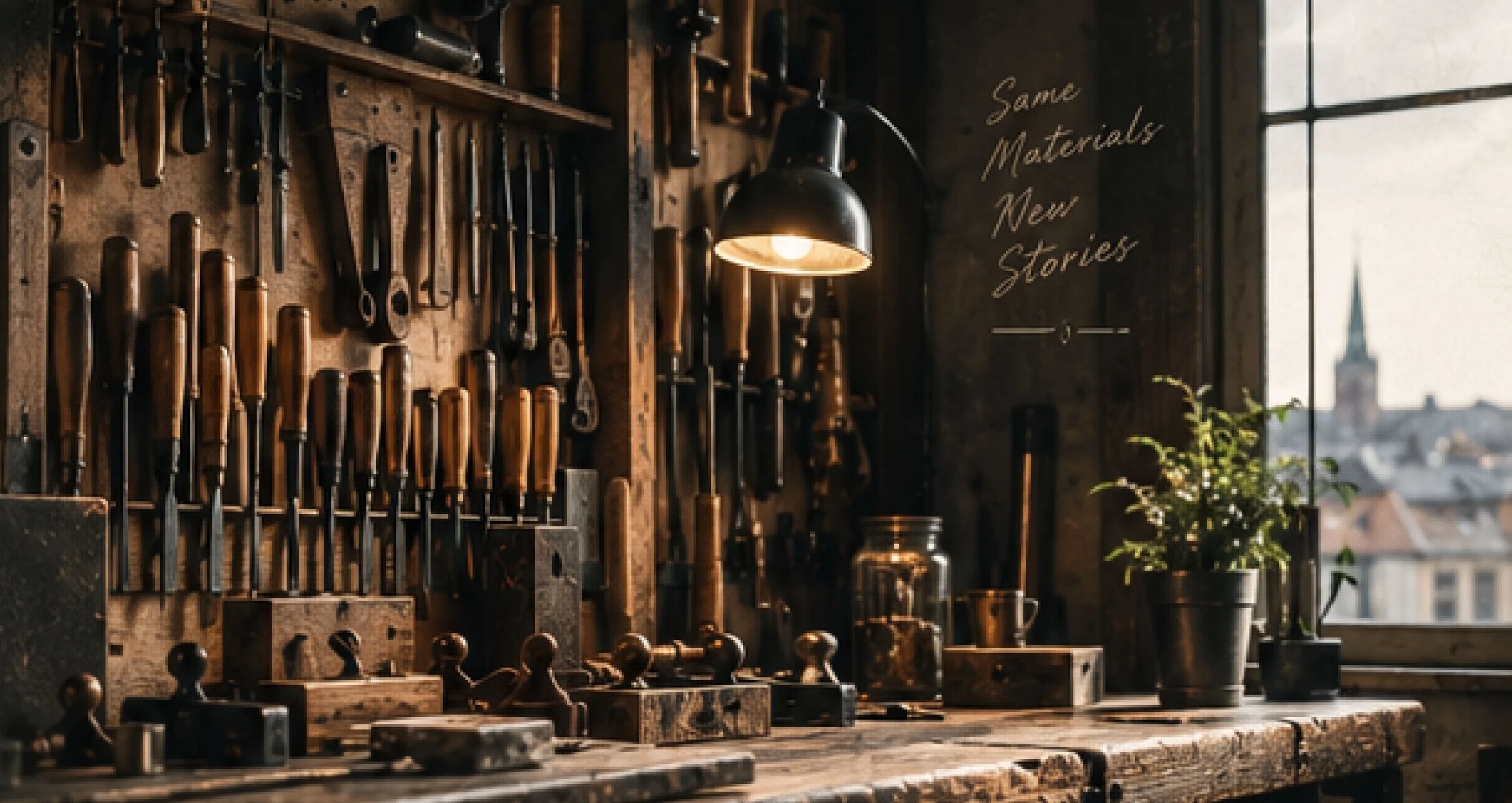 A workshop workspace featuring tools hanging on a pegboard, warm lighting from a lamp, and a window with a city view. There is a sign on the wall that reads 'Same Materials, New Stories'.