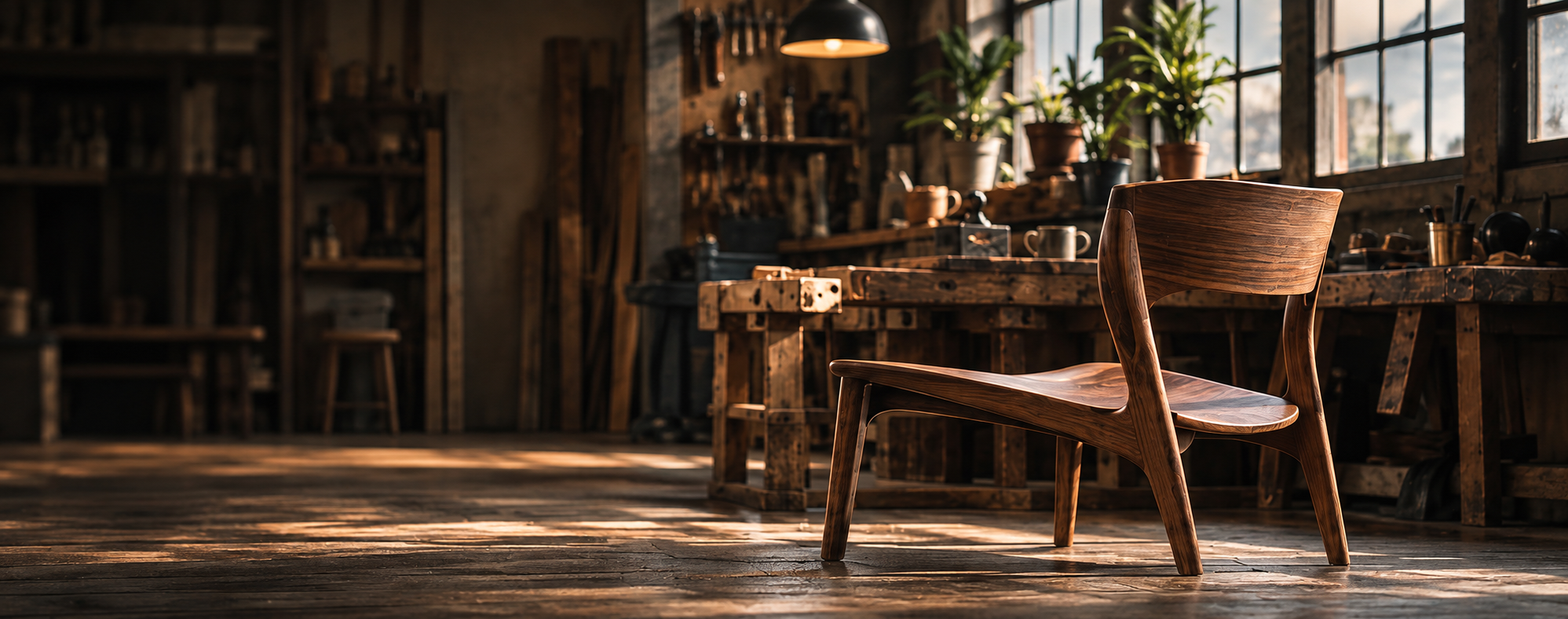 A wooden chair in a rustic workshop with sunlight coming through large windows.