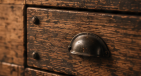 Close-up of a vintage wooden drawer with a metal handle