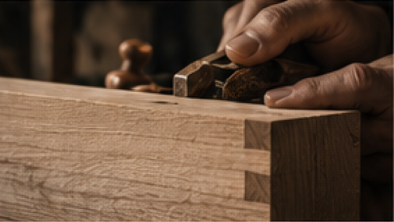 Close-up of a person using a hand plane tool on a wooden board, showing woodworking in progress.