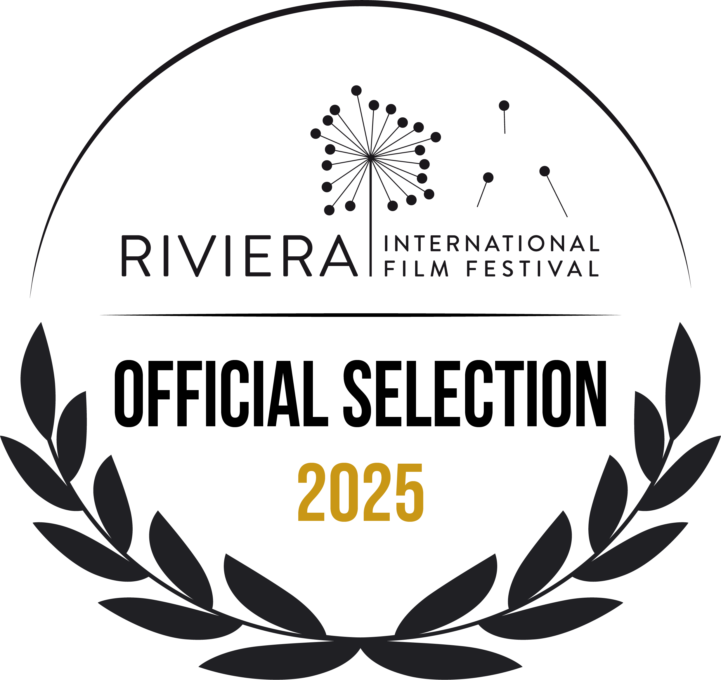 A black circular emblem with gold text reading "2025" at the bottom, featuring a stylized laurel wreath and a simplified starburst design, and the words "Rivera International Film Festival"