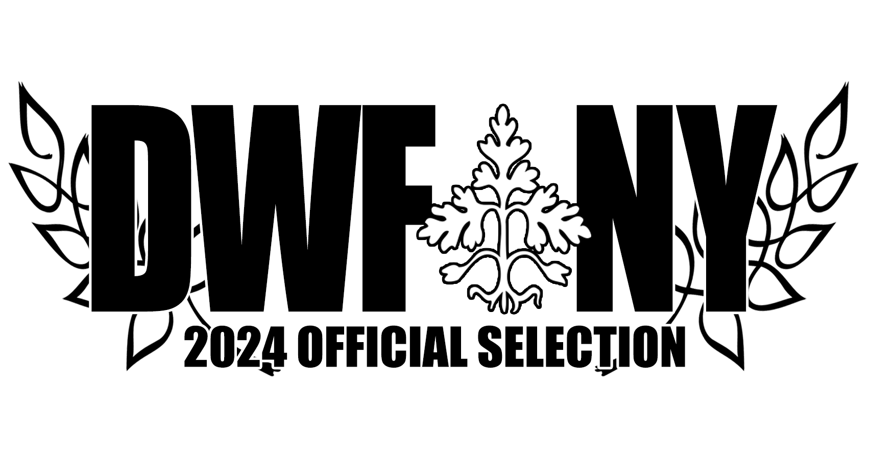 Black background with large white text reading 'DWE' and 'NY'. A white snowflake icon is situated between the words. Below, smaller white text reads '2024 OFFICIAL SELECTION'.