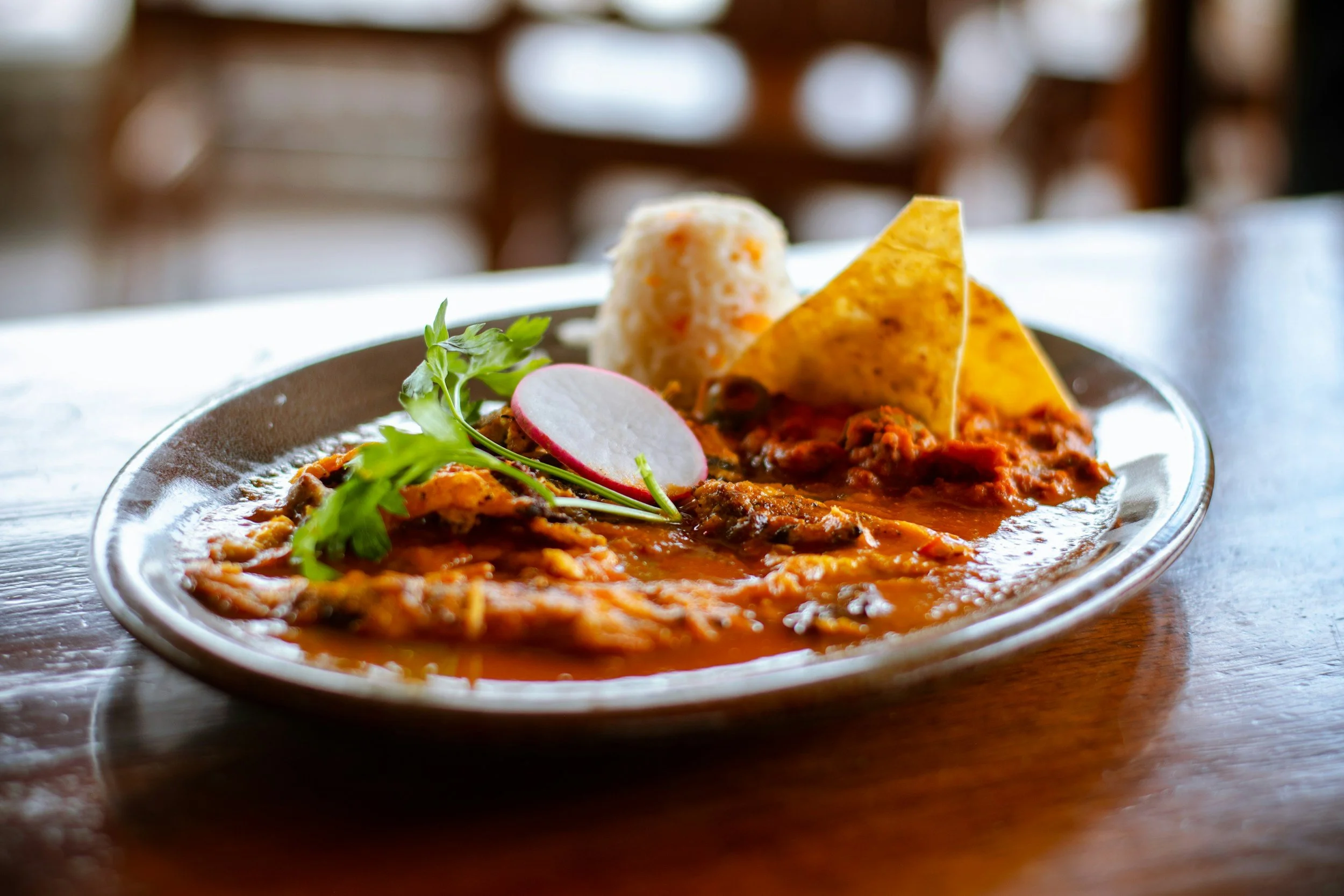 Plato con carne en salsa, acompañado de rodajas de rábanos, cilantro y trozos de totopos de maíz.