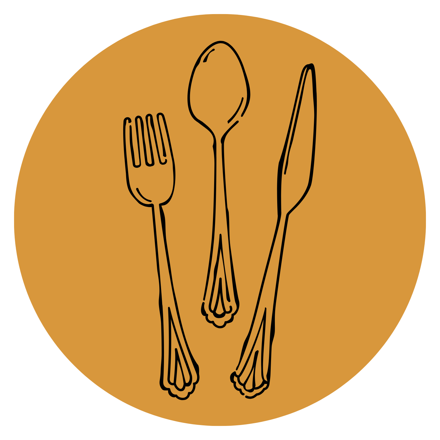 Ilustración minimalista de utensilios de comida: tenedor, cuchara y cuchillo, en línea negra sobre fondo color mostaza en forma de círculo.
