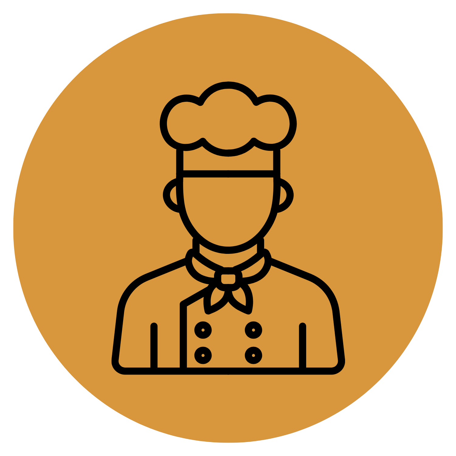 Ilustración de un chef con gorro y uniforme, en un círculo naranja de fondo.
