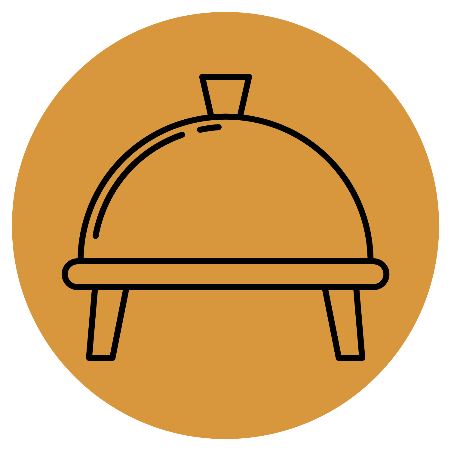Imagen de una tapa de horno en estilo minimalista, con marco negro, fondo marrón, y tres patas, dentro de un círculo marrón.