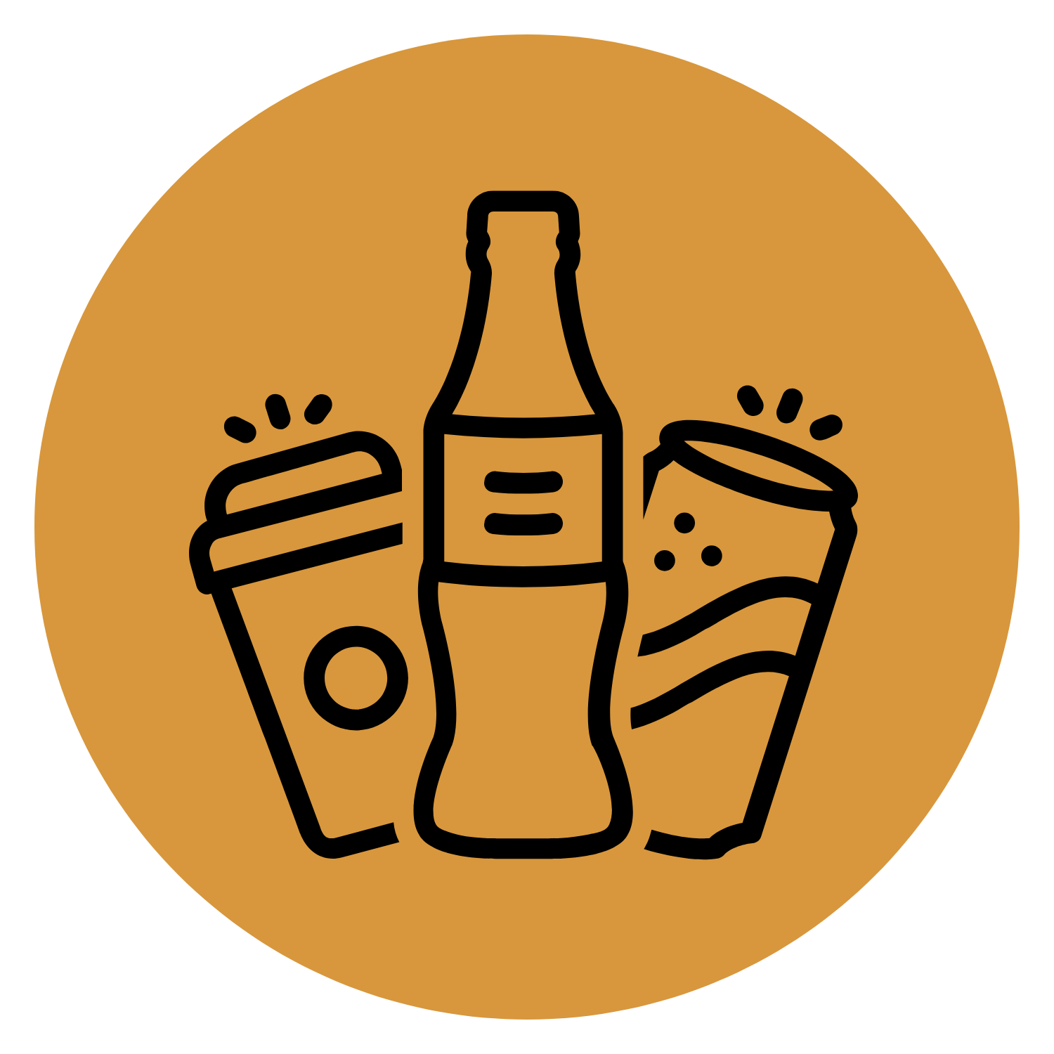 Icono de tres manos sosteniendo diferentes objetos: una lata, una botella y un vaso, en fondo marrón.
