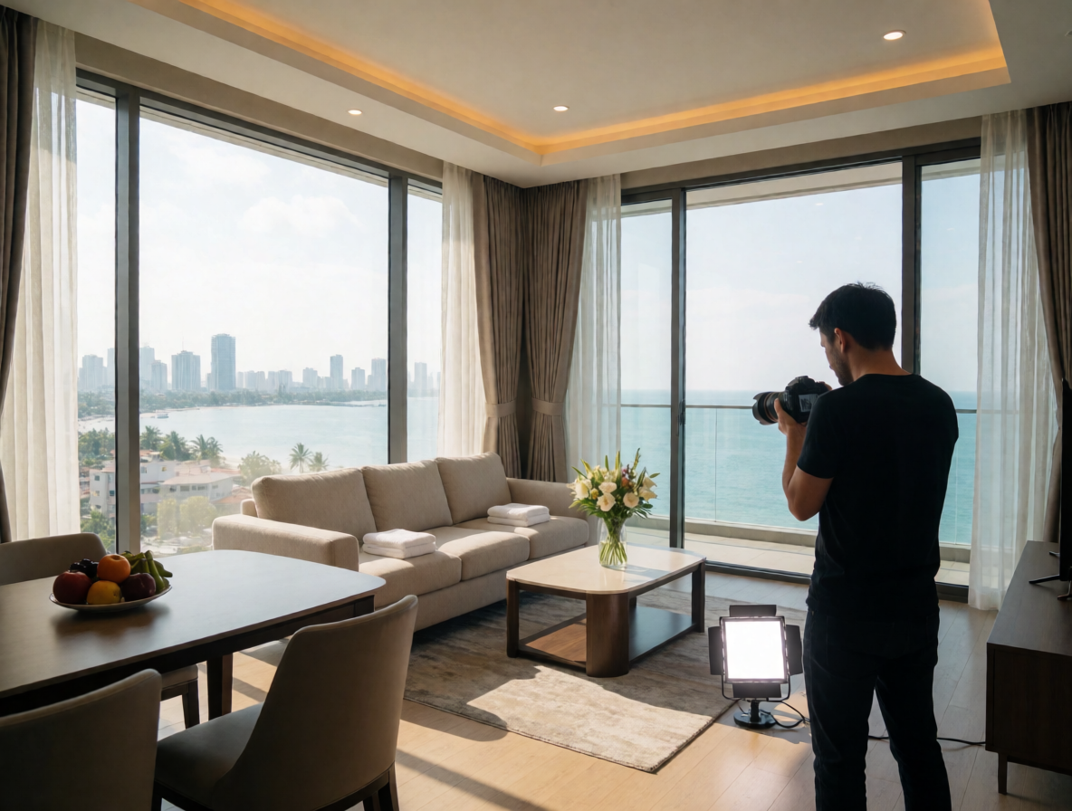 A man is taking a photo with a camera in a modern living room with large windows overlooking the sea and city skyline. The room has a beige sofa with towels, a coffee table with flowers, a dining table with a fruit bowl, and an overhead ceiling light.