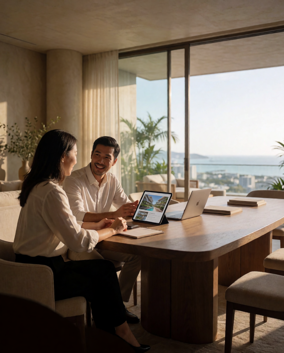 Two people sitting at a wooden table in a sunlit room, engaged in conversation, with computers and notebooks in front of them. Large glass windows in the background reveal an outdoor view of water and cityscape.