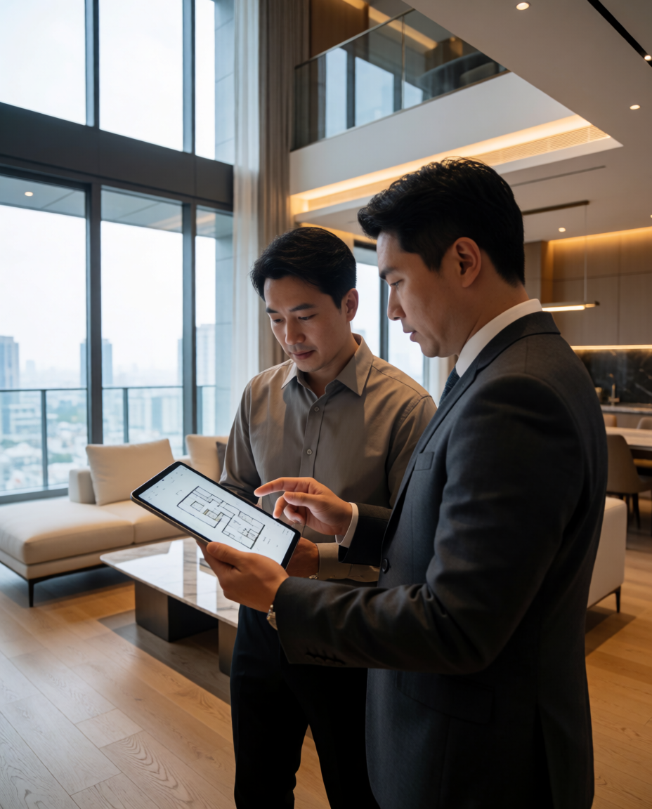Two businessmen in formal attire examining a floor plan on a tablet in a modern, high-rise apartment or office with large windows and city views.